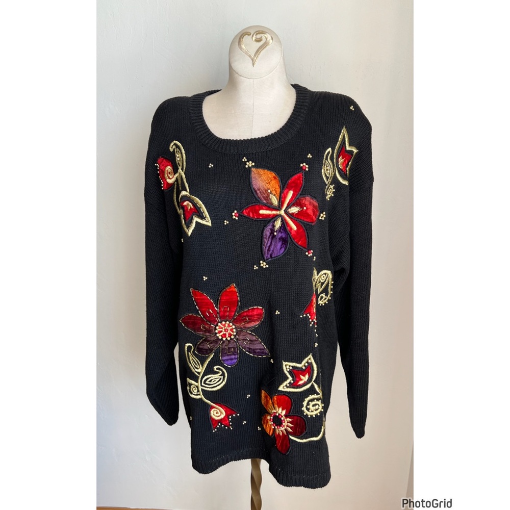 Victoria Harbour Vintage 80s Beaded Flower Black Sweater Medium holiday